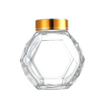 Купить Бутылка меда шестиугольника 200ML 380ML стеклянная с золотой серебряной красной черной крышкой металла онлайн изготовление